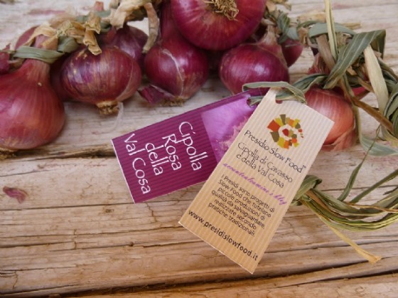 Una treccia di cipolle etichettata Slow Food
