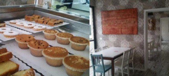 Gli interni del locale e il bancone della pasticceria