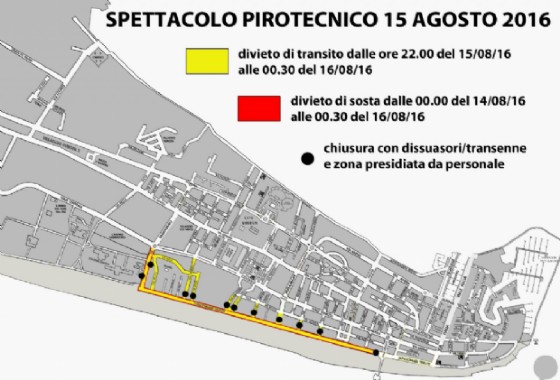 La piantina stradale con le modifiche alla viabilità in occasione delle spettacolo pirotecnico