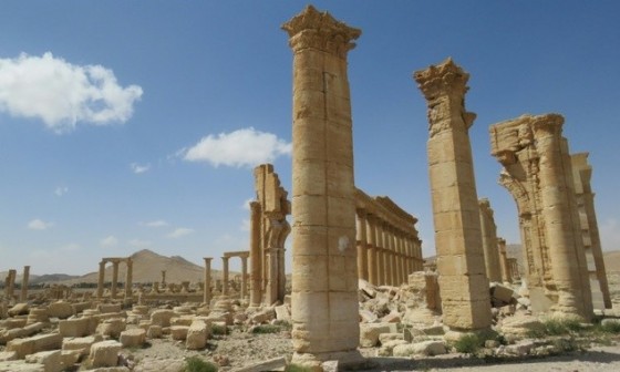 The remains of Arch of Triumph that was destroyed by Islamic State group jihadists in October 2015 in the ancient Syrian city of Palmyra