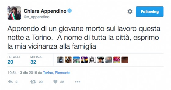 Il tweet della sindaca Chiara Appendino
