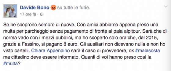 Lo sfogo di Davide Bono su Facebook