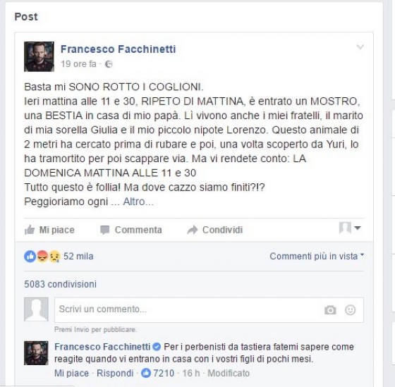 Il post con lo sfogo di Francesco Facchinetti