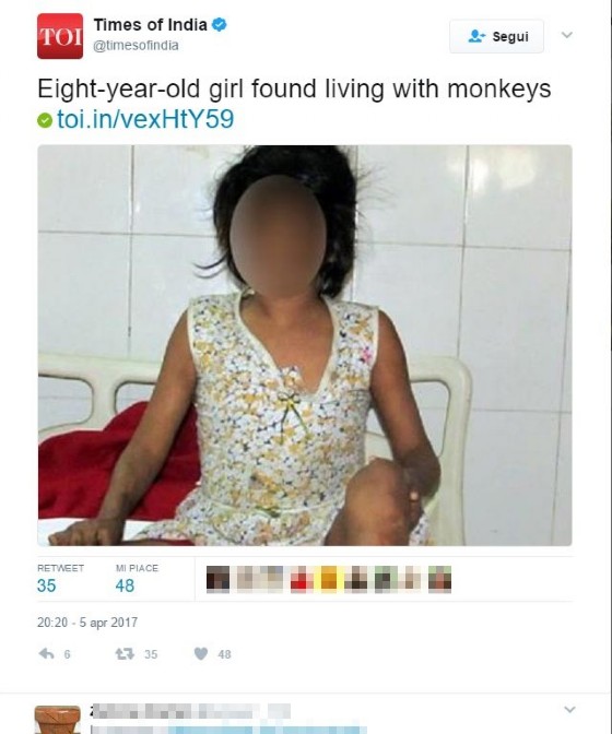 La bambina trovata nella giungla nel tweet di Times of India