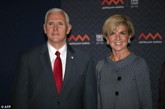 US Vice President Mike Pence (L) poses for a photo next to Australian Foreign Minister Julie Bishop during a visit to the Australian Museum in Sydney, on April 22, 2017