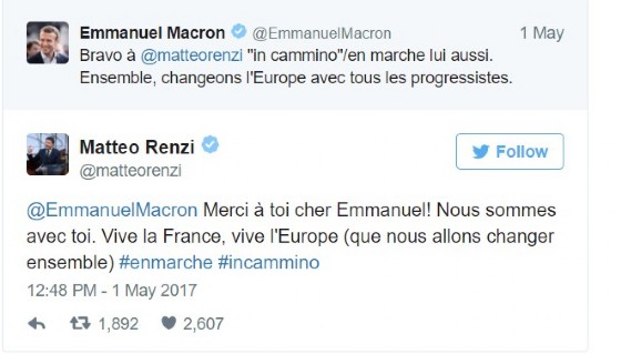 Lo scambio di tweet tra Emmanuel Macron e Matteo Renzi.