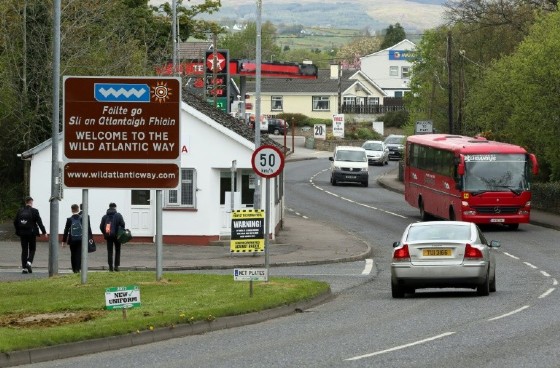 Brexit posters are seen at the border crossing at Muff in Co Donegal near Lough Foyle, on the border with Northern Ireland and Donegal in the Republic of Ireland