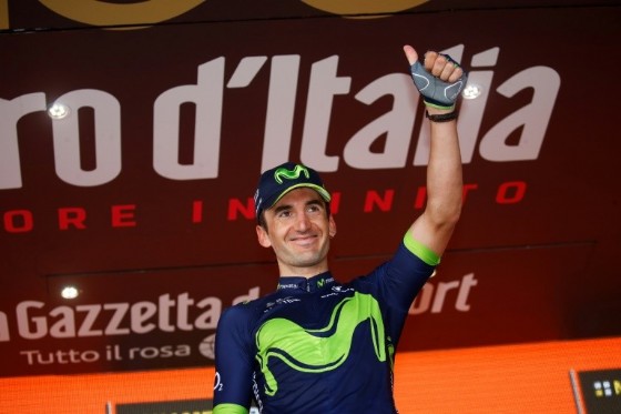 Spain's Gorka Izagirre of team Movistar celebrates on the podium after winning the 8th stage of the 100th Giro d'Italia, Tour of Italy, cycling race from Molfetta to Peschici on May 13, 2017