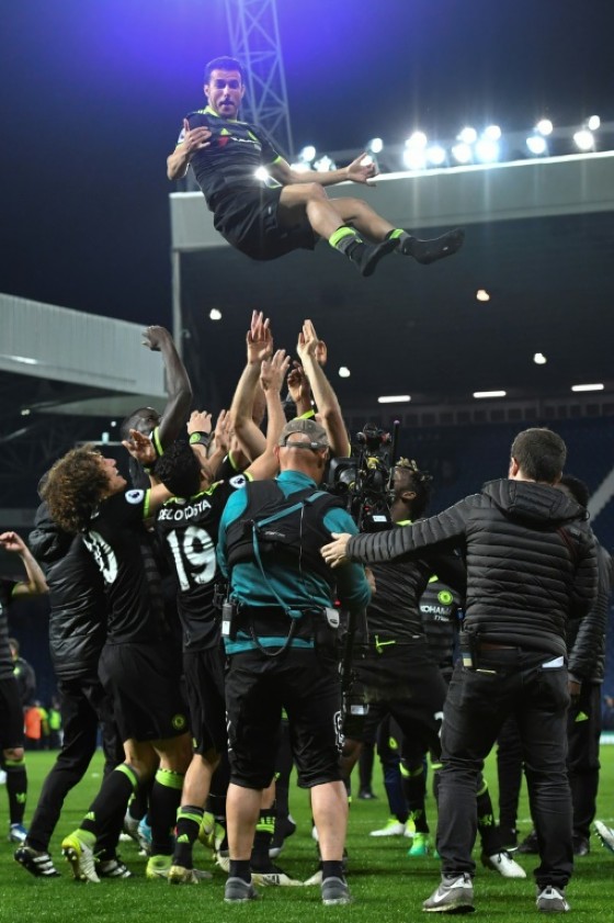 Chelsea players celebrate being confirmed English Premier League champions after their match against West Bromwich Albion, at The Hawthorns stadium in West Bromwich, on May 12, 2017