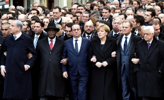 French President Francois Hollande was joined by dozens of foreign leaders in a march of solidarity in Paris following the deadly jihadist attack on the Charlie Hebdo satirical weekly in 2015