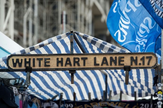 A White Hart Lane road sign displayed on a merchandise stall before the English Premier League match between Tottenham Hotspur and Arsenal at White Hart Lane in northeast London, on April 30, 2017