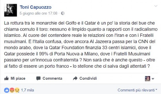 Il post di Capuozzo sul suo profilo Facebook