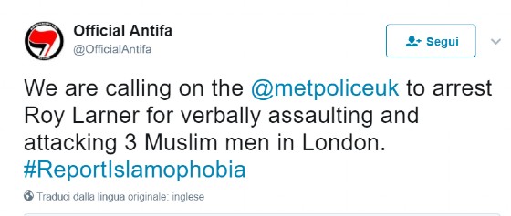 Il tweet incriminato dell'account Official Antifa