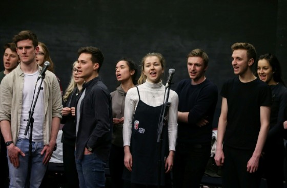 Students rehearse a production alongside a band called "band call" at The Royal Central School of Speech and Drama in London's West End