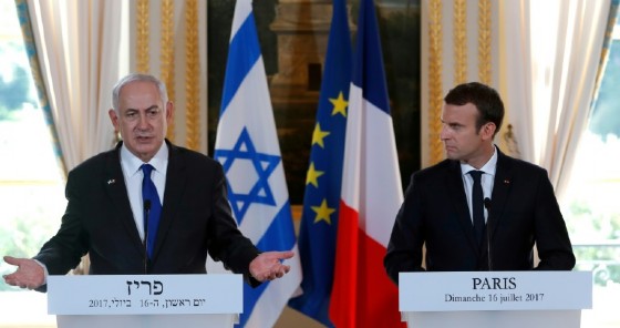 French President Emmanuel Macron called for a resumption of Middle East peace talks when he met Israeli Prime Minister Benjamin Netanyahu in Paris
