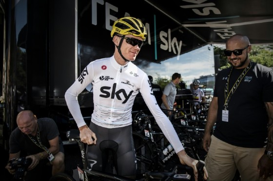 Britain's Christopher Froome gets his bicycle before a training session on July 17, 2017 in Le Puy en Velay