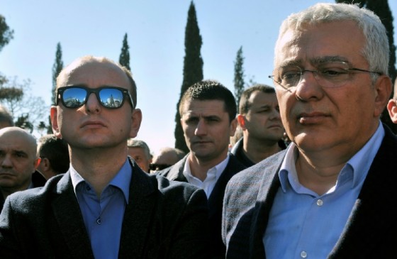 Montenegro opposition leaders Andrija Mandic (right) and Milan Knezevic attend a protest in Podgorica on February 15, 2017