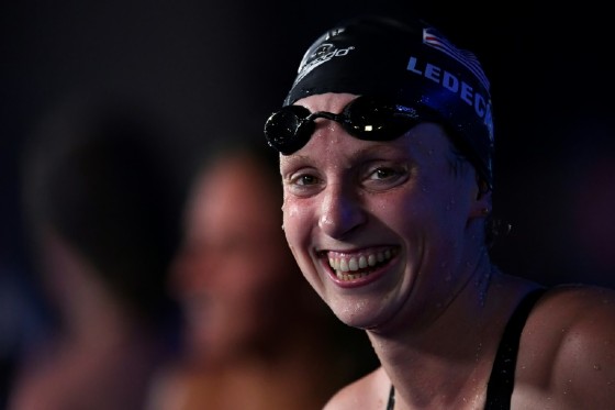 American Katie Ledecky reacts after winning in the women's 800m freestyle final on July 29, 2017