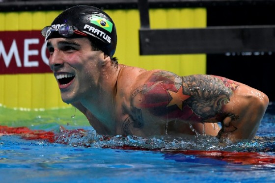 Brazil's Bruno Fratus reacts after competing in the men's 50m freestyle final at the 2017 FINA World Championships in Budapest