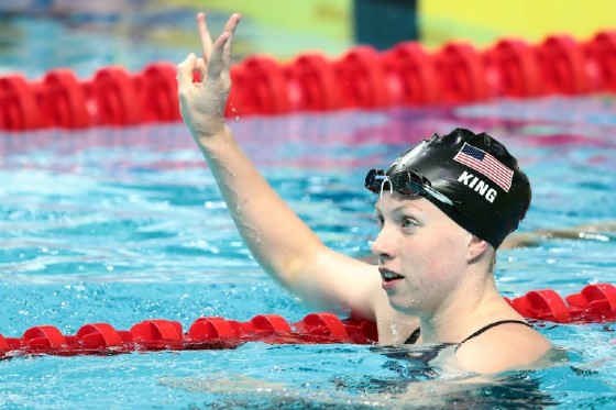 American Lilly King reacts after winning the women's 50m breaststroke on July 30, 2017