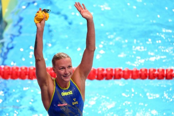 Sweden's Sarah Sjostrom celebrates after winning the final of the women's 50m freestyle on July 30, 2017