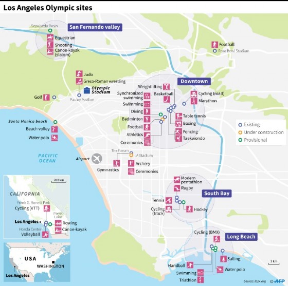 Map of Los Angeles showing Olympic Games sites