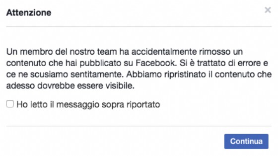 Il messaggio di Facebook