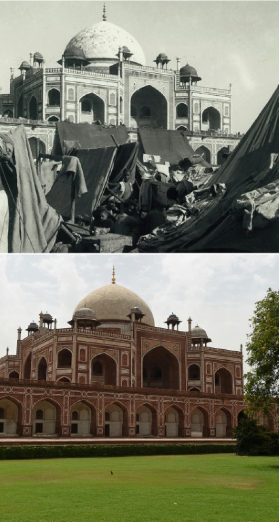 A picture from the Indian Ministry of Information and Broadcasting of a camp for displaced Indian Muslims next to Humayun's Tomb in New Delhi, taken during the period of unrest following the Partition of India and (bottom) the same scene in June 2017
