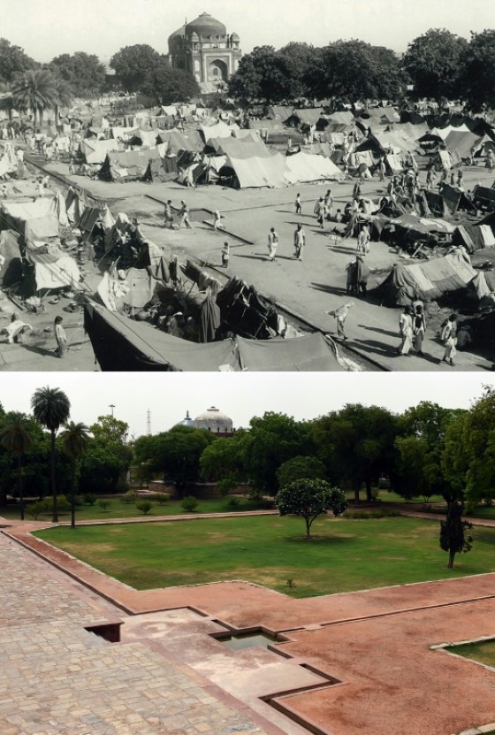 An image from the Indian Ministry of Information and Broadcasting taken at a camp for displaced Indian Muslims next to Humayun's Tomb in New Delhi, during the period of unrest following the Partition of India and (bottom) the same area in June 2017