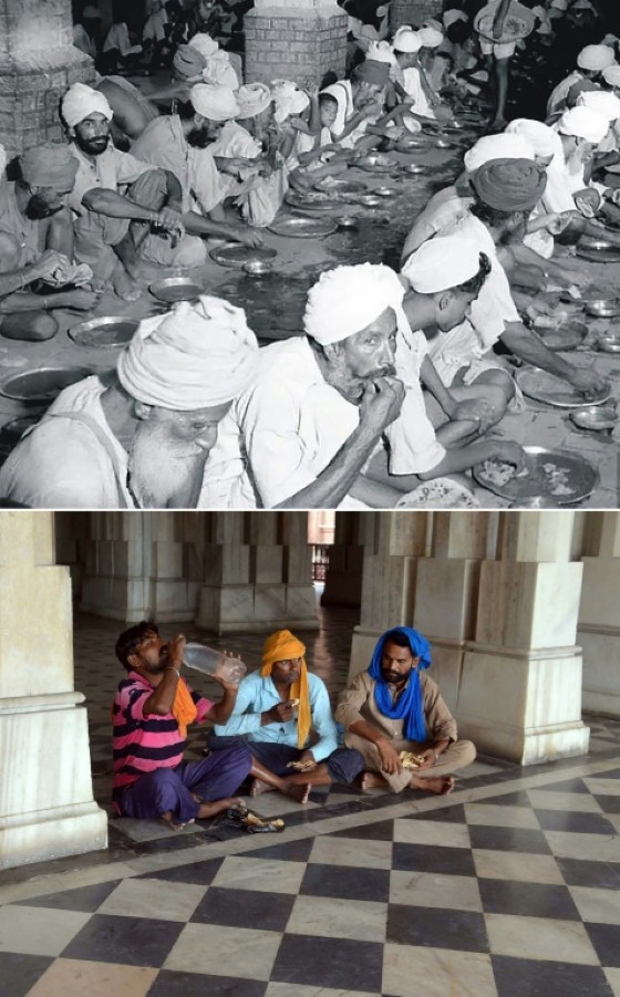 Top image shows people eating food at a relief camp at Khalsa College in Amritsar following unrest in the wake of the Partition of India and Pakistan, and (bottom) Indian labourers eating food in the same place in June 2017
