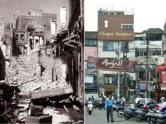 This combination of pictures created shows a photo taken in August 1947 of a destroyed building in the Katra Jaimal Singh area of Amritsar during unrest following the Partition of India and (R) the same scene in Amritsar on June 29, 2017