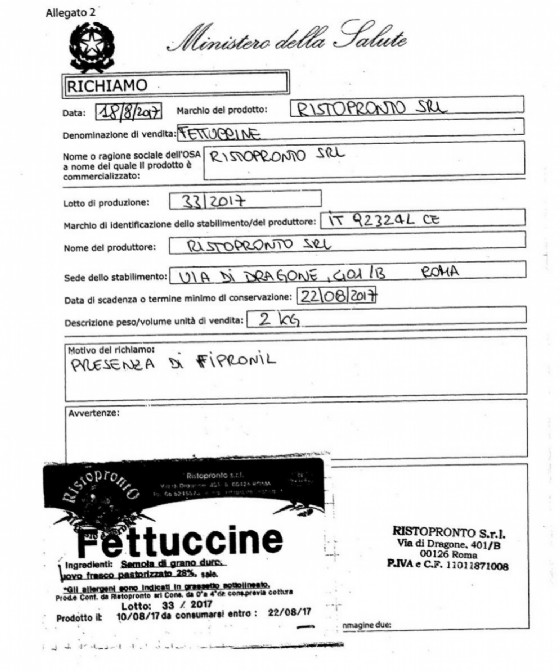 Il comunicato del richiamo del prodotto