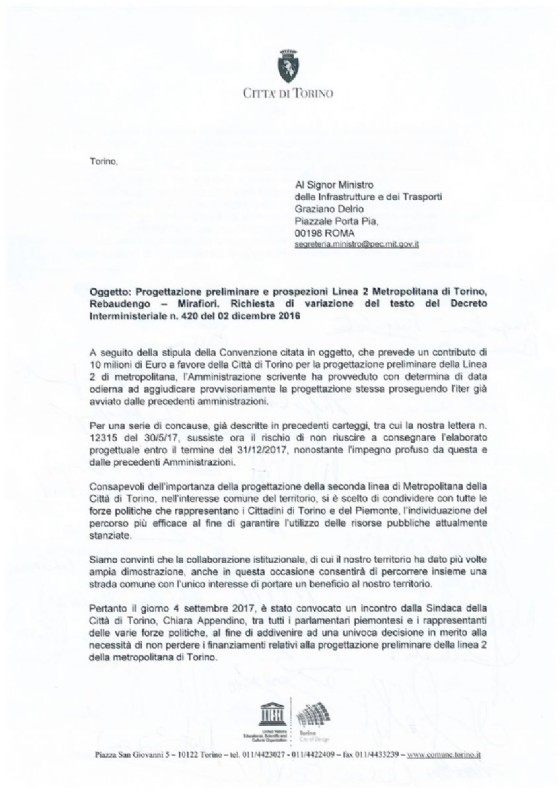 La lettera sottoscritta nella giornata di ieri dai politici torinesi