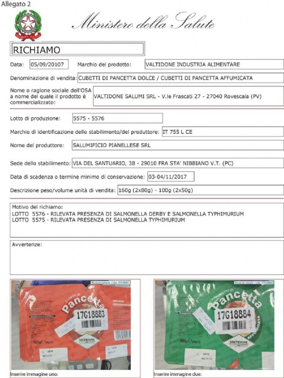 Il lotto di pancetta richiamato dal commercio per salmonella