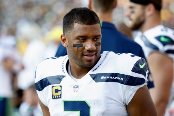 Russell Wilson of the Seattle Seahawks, seen on the sideline during the second half against the Green Bay Packers, at Lambeau Field in Green Bay, Wisconsin, on September 10, 2017