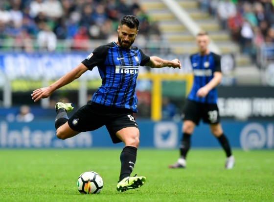 Inter Milan's Antonio Candreva kicks the ball during their Italian Serie A match against Spal, at San Siro Stadium in Milan, on September 10, 2017