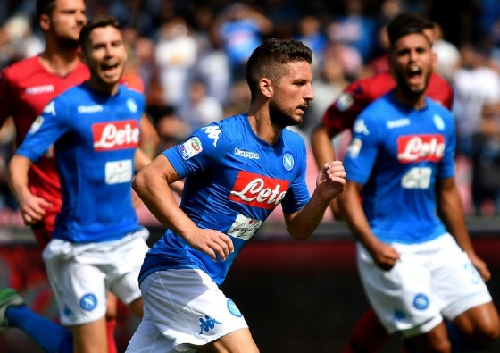 Napoli Dries Mertens (C) celebrates after scoring a penalty kick during their Italian Serie A match against Cagliari, at San Paolo stadium in Naples, on October 1, 2017