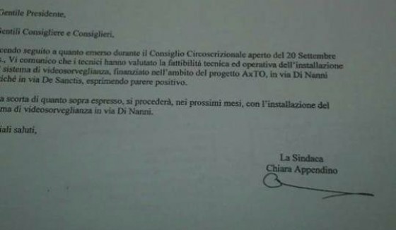 Il documento firmato Appendino che dà il via libera alle telecamere in via Di Nanni