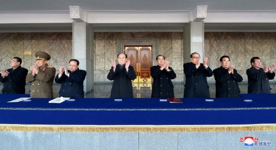 President of the Presidium of the Supreme People's Assembly of North Korea, Kim Yong-Nam (4th L) attendsa rally with other leaders in Pyongyang to celebrate the North's declaration on November 29 it had achieved full nuclear statehood