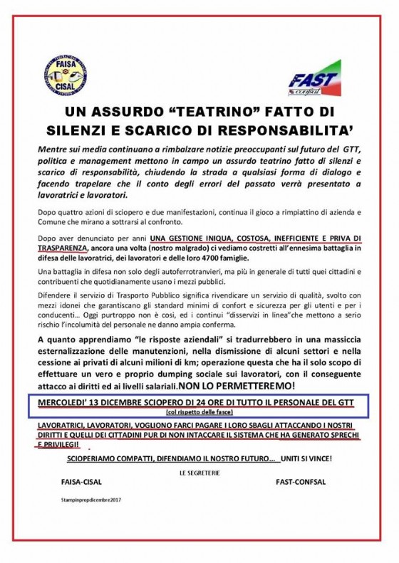 Le motivazioni dello sciopero dei dipendenti Gtt