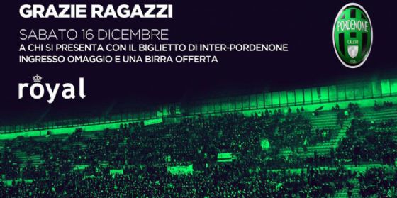 Al Royal di Pordenone ingresso omaggio e birra offerta per i tifosi di Inter-Pordenone a San Siro (© Royal Disco Pordenone) Al Royal di Pordenone ingresso omaggio e birra offerta per i tifosi di Inter-Pordenone a San Siro (© Royal Disco Pordenone)