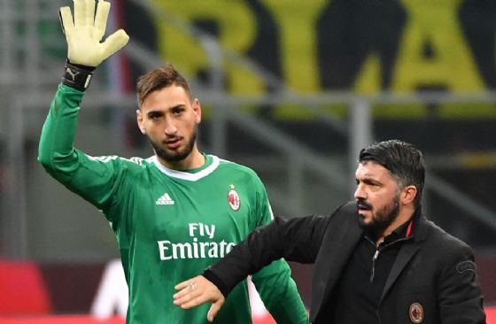 L'allenatore del Milan Gattuso e Gigio Donnarumma
