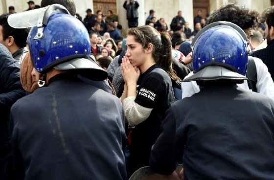Algerian anti riot police surround trainee doctors during a protest in the capital Algiers, on February 12, 2018, as part of a three-month-long strike against compulsory public service