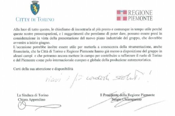 La lettera firmata da Appendino e Chiamparino