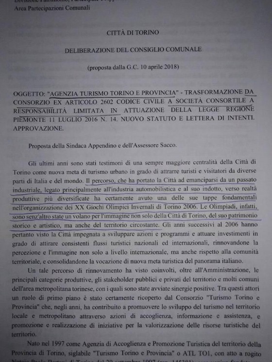 Uno stralcio della delibera di Appendino inerente la trasformazione della partecipata Turismo Torino in Srl