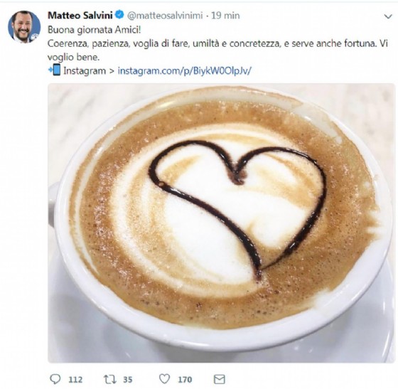 Il segretario della Lega Matteo Salvini posta questa foto sul suo profilo Twitter in segno di speranza prima dell'incontro con Luigi Di Maio