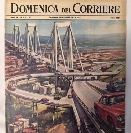 La copertina della Domenica del Corriere del 1 marzo 1964 realizzata per la posa dei piloni del ponte Morandi crollato a Genova