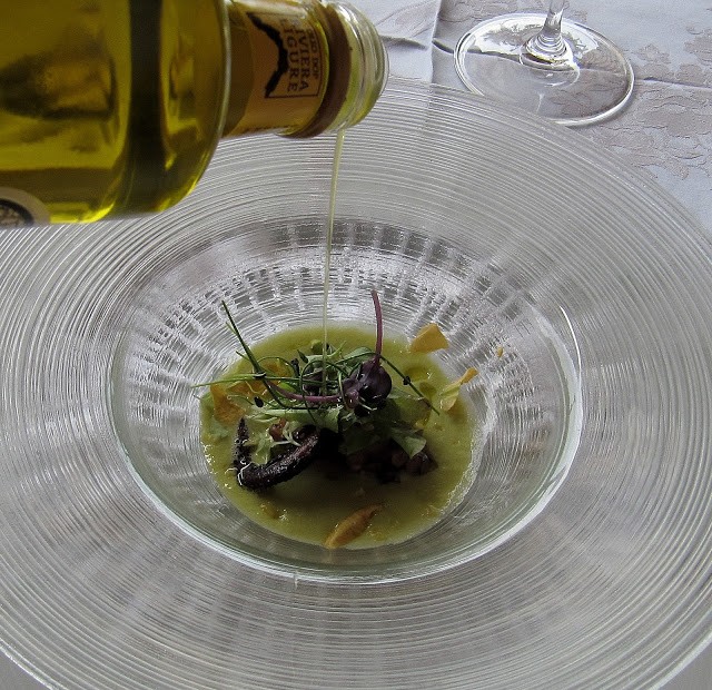 Olio buono a pioggia sul polpo e crema di verdure ...