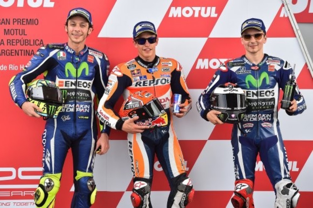 Il podio delle qualifiche: Marquez, Rossi e Lorenzo