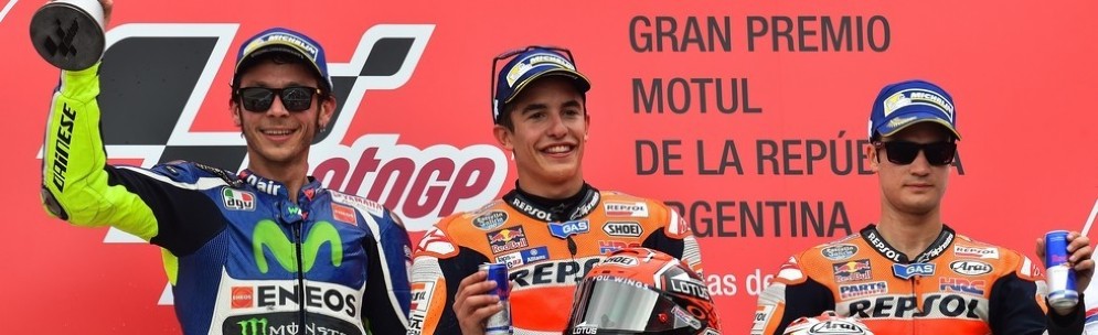 Il podio in Argentina: Marquez, Rossi e Pedrosa